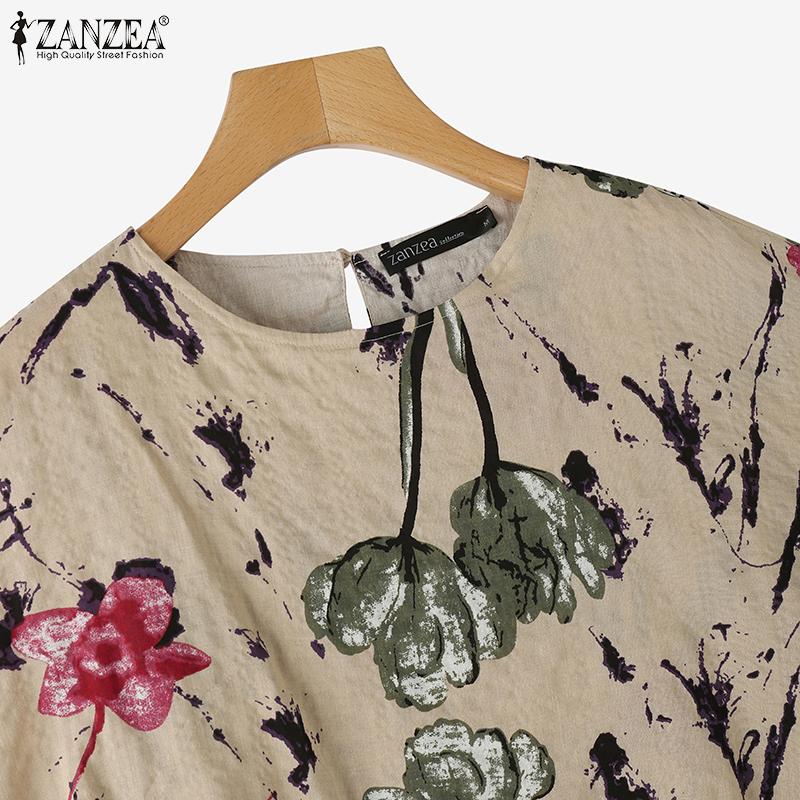 ZANZEA Women Casual Crew Neck Cape Shape Short Sleeve Print Blouse
