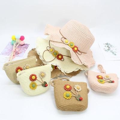 Summer Sunscreen Vacation Girls Sun Hat Flower Shade Bucket Hat Children Straw Hat + Bag Set