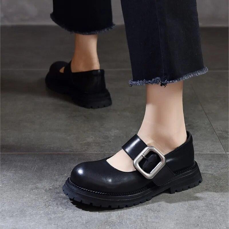 Johnature Divat sokoldalú fém csat, kerek orr, vastag talp Mary Janes cipők valódi bőr női cipők