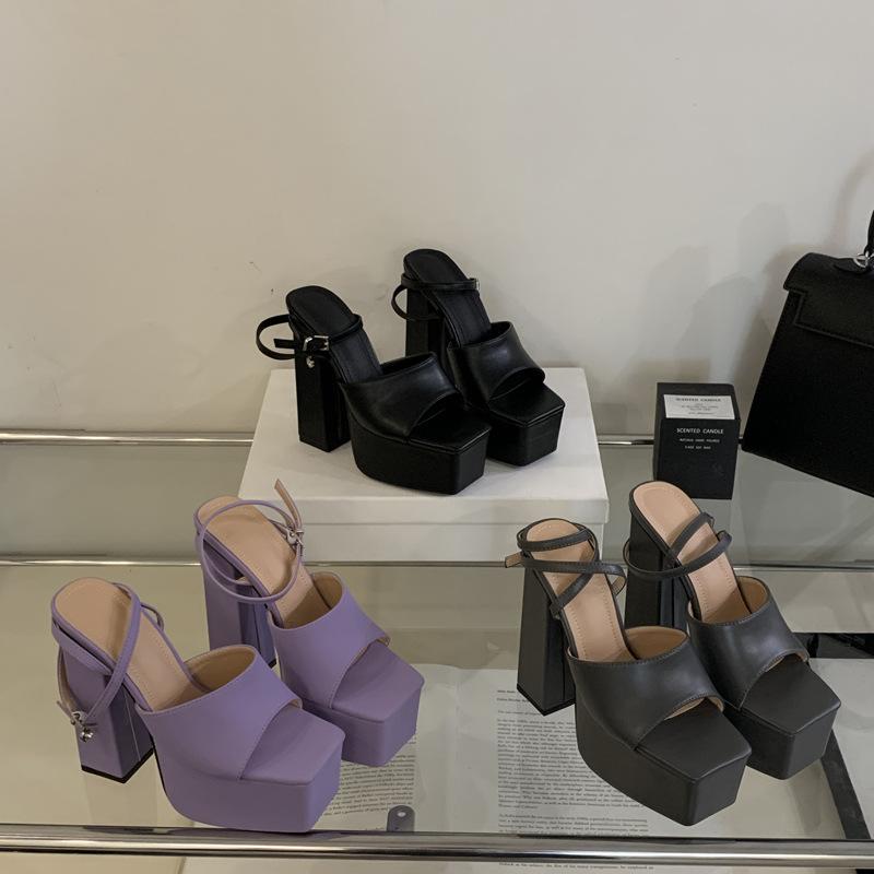 Augstpapēžu pavasara un vasaras jaunas ūdensizturīgas galda sieviešu kurpes ar vienvārdu sprādzi, biezu papēdi, sieviešu sandales