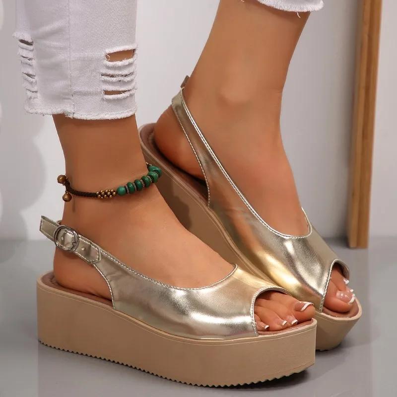 Plus Size 2025 Summer Women's Peep Toe Sandals Platform buckle Strap Flat with Sandals Concise Casual Daily Hot Sale Rome Shoes