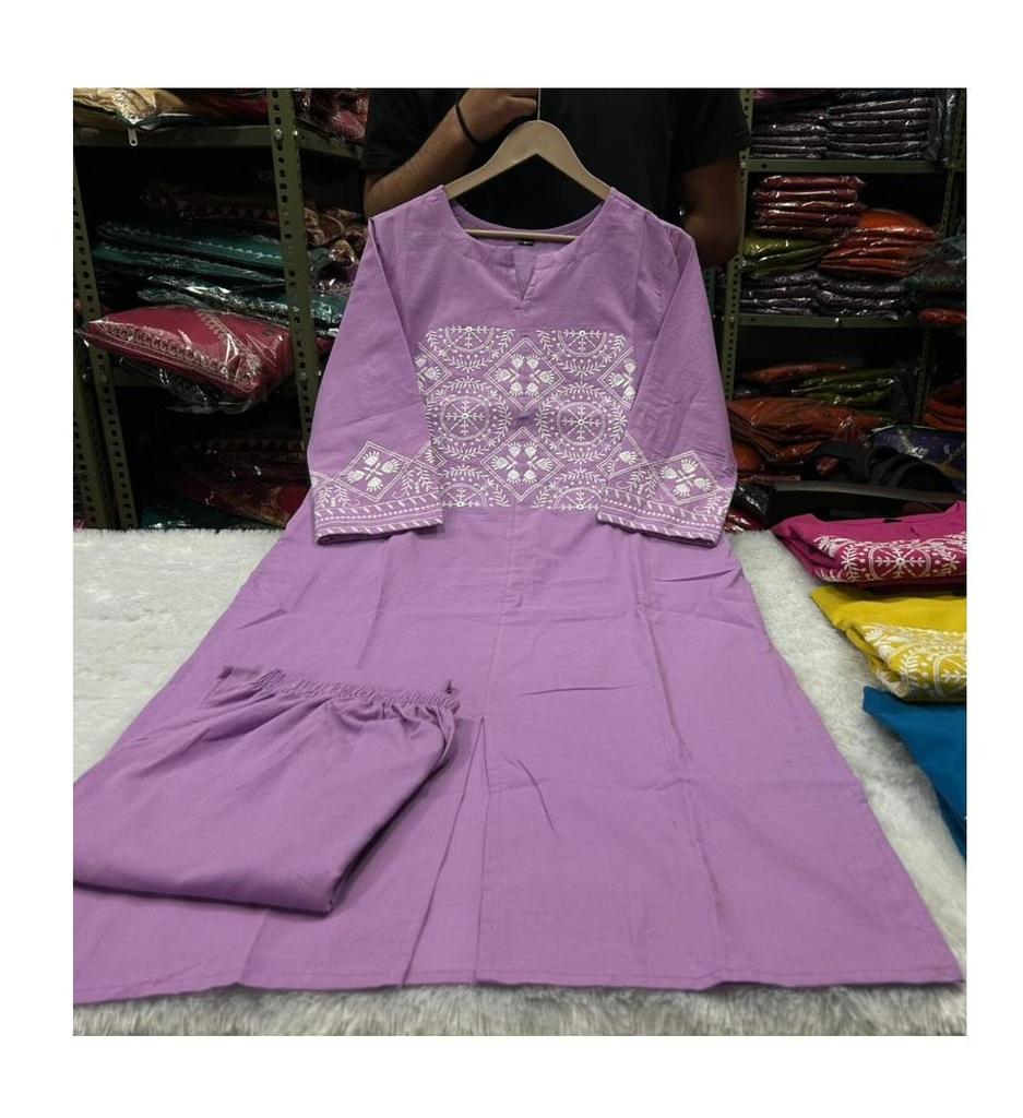 Women Designer Embroidered Straight Kurta Pant Set Indian Bollywood Top Tunic Cotton Kurti Salwar Suit