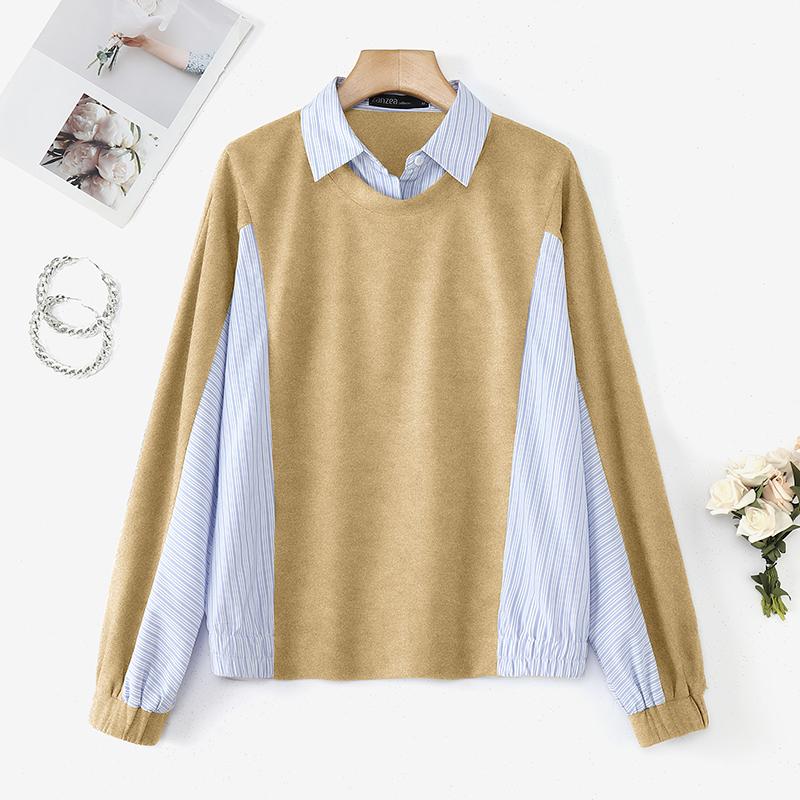 

ZANZEA Женская повседневная блузка с длинным рукавом в стиле пэчворк и отложным воротником L