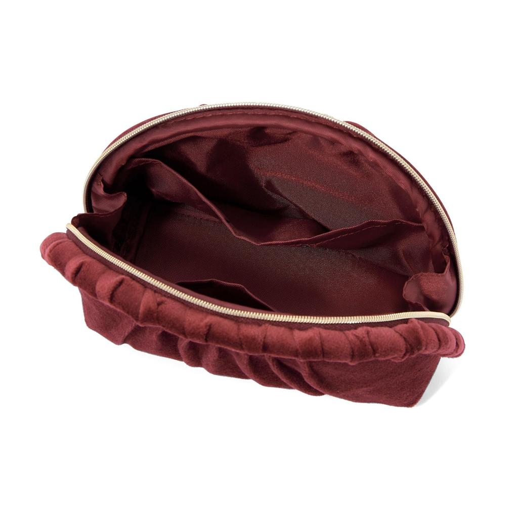 Francfranc Velvet Pleated with Compact Cosmetic Storage Pouch, Small, Wine, Pocket,