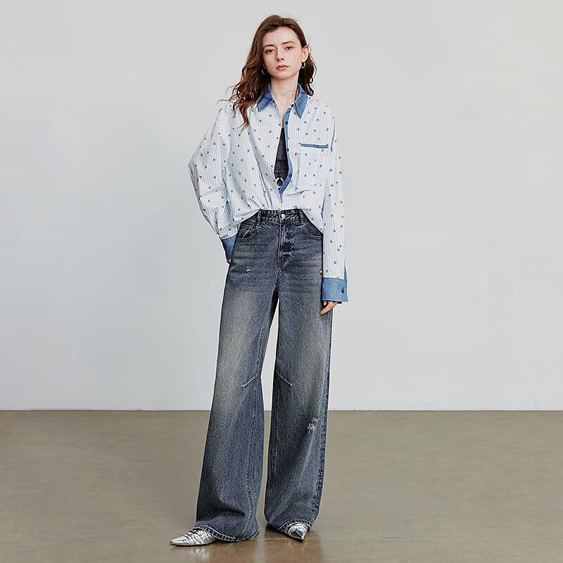 Chuyu Women's 2025 Autumn Street Style Ripped Wide-Leg Jeans