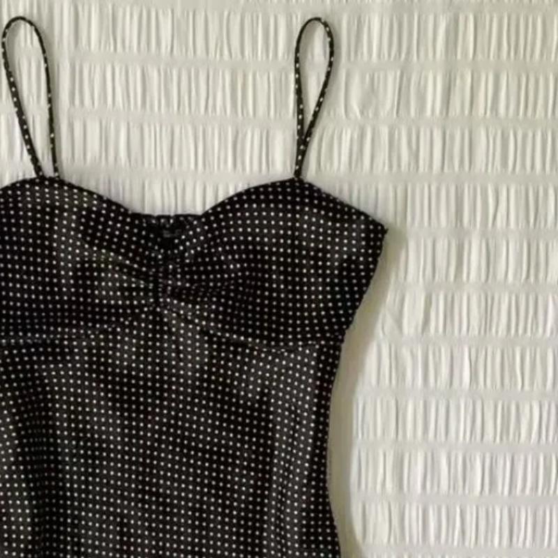 TrendHub Franska Vintage Prickig Camisoleväst Dam Sommar Veckad Ärmlös Y2k Kort Halterneck Toppar Söt Hottie Smal Ytterplagg Linne