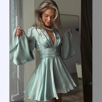 Popular Vestido de Manga Larga con Cuello en V y Espalda Descubierta de Longitud Media para Mujer - Moderno Estilo Europeo y Americano