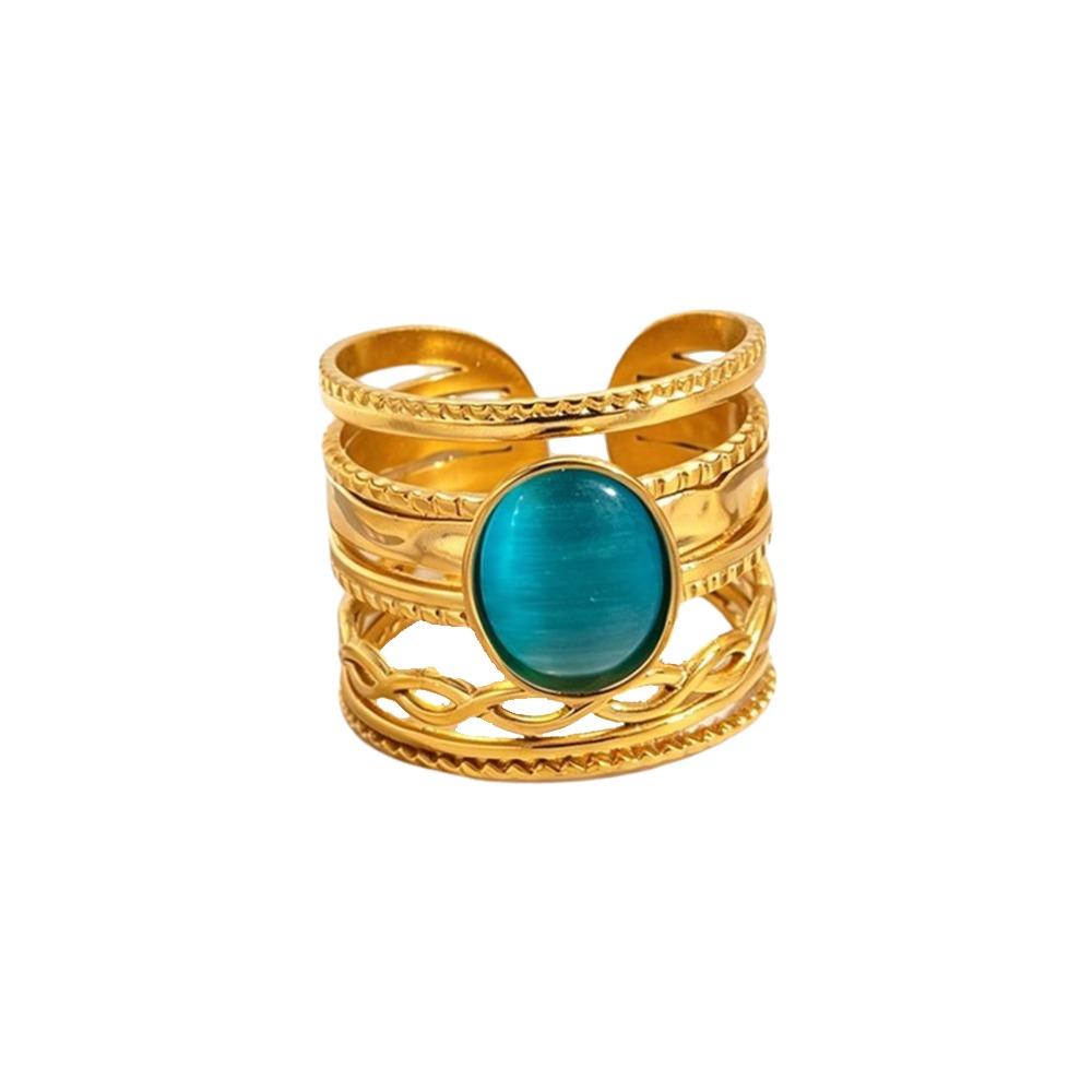 Stainless Steel Geometric Hollow Ring Hollow Pattern Colored Stone Ring Open Ring For Women