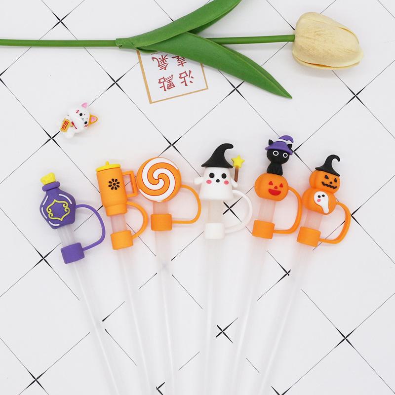 10Mm 0.4In Halloween Straw Cover Cap Silicone Straw Topper For Cup Kawaii 3D Reusable Straw Halloween Party Gift Decor