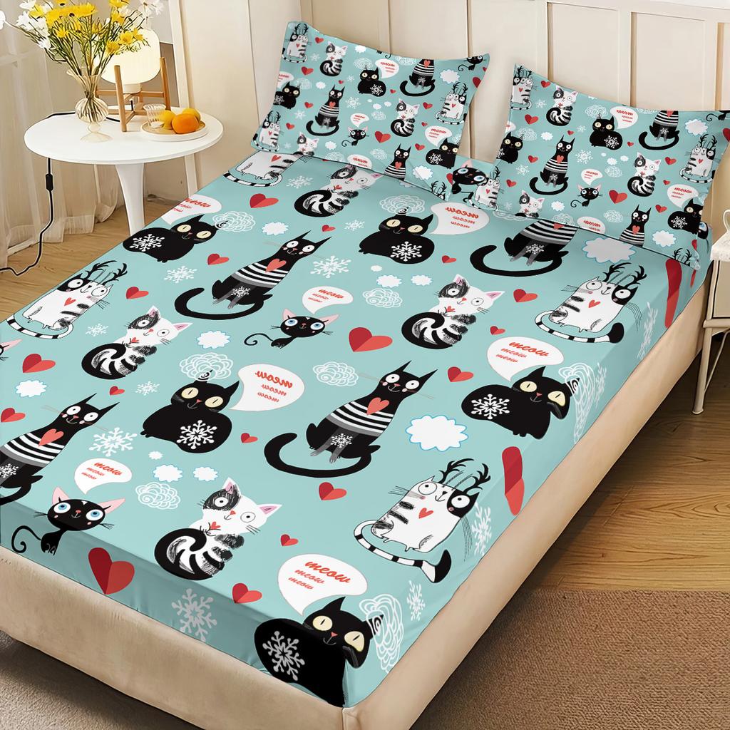 3Pcs Cute Kitten Printed Chipless Bed Sheet Set Multi Size Soft Bed Cover Bedroom Bedding Decoration Machine Washable