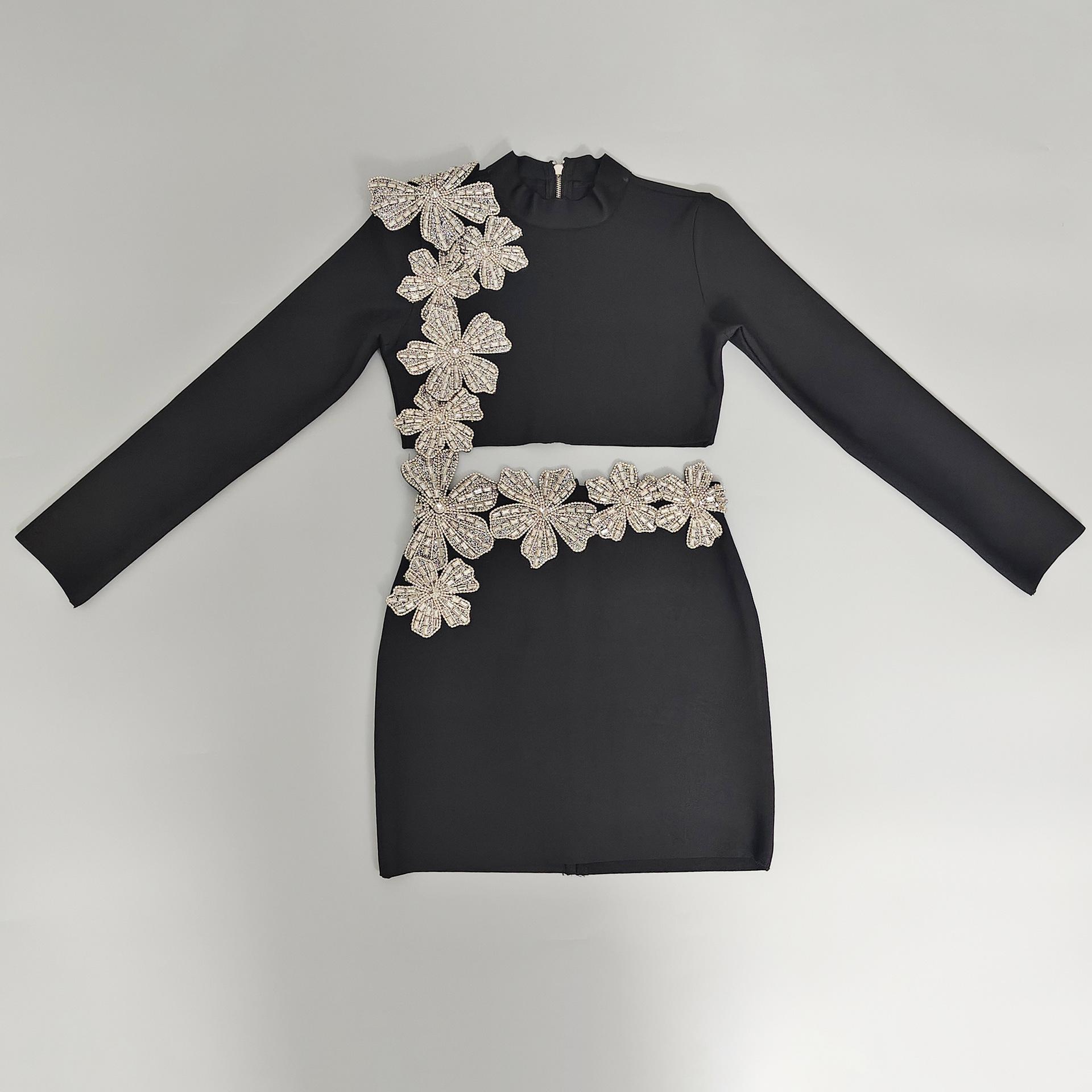 

Новый модный бандажный комплект, топ с длинными рукавами, полуводолазка с отделкой ромбами и короткая юбка до бедер, черный комплект из двух предметов. S чёрный