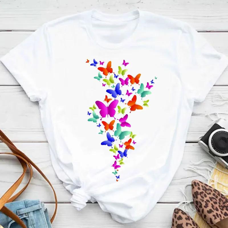 Unisexs Colorful Butterfly Petal Print Tshirt Short Sleeve Round Neck Cute Graphic Tee Shirts Female Tops Clothes