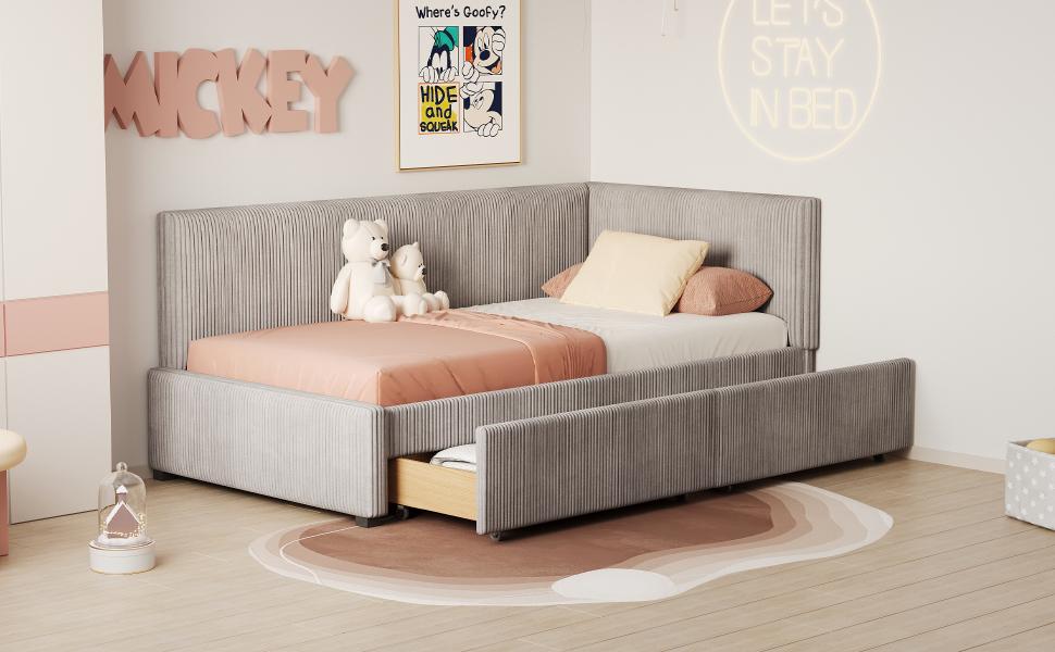 Upholstered Bed Sofa Bed 90*200 Multifunctional Bed with 2 Large Storage Drawers and Slatted Frame Skin-friendly Velvet Fabric Grey
