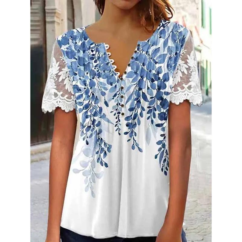 

Летние новые повседневные свободные блузки с цветочным принтом для женщин, элегантные винтажные кружевные рубашки с коротким рукавом для женщин, облегающие топы с круглым вырезом 26515 XXXL