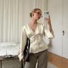 Women Elegant Satin Blouse Lace V Neck Flare Sleeve Silk Shirt Casual Solid Color Tie Front Top Vintage Office Ladies Blouse Party Clubwear