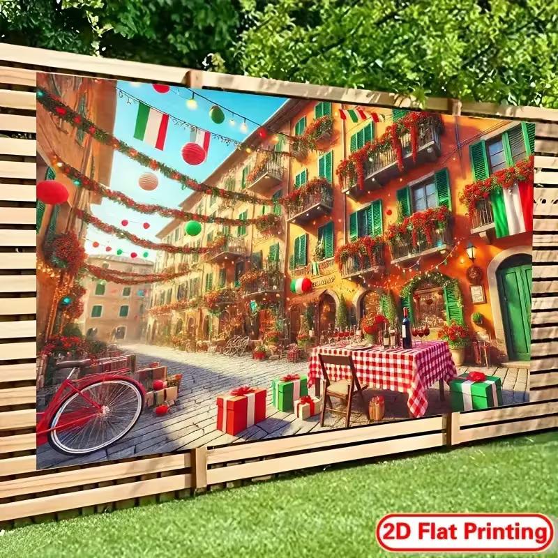 2D Italy Holiday Backdrop, Festive Street with Red White & Green Decor for Parties