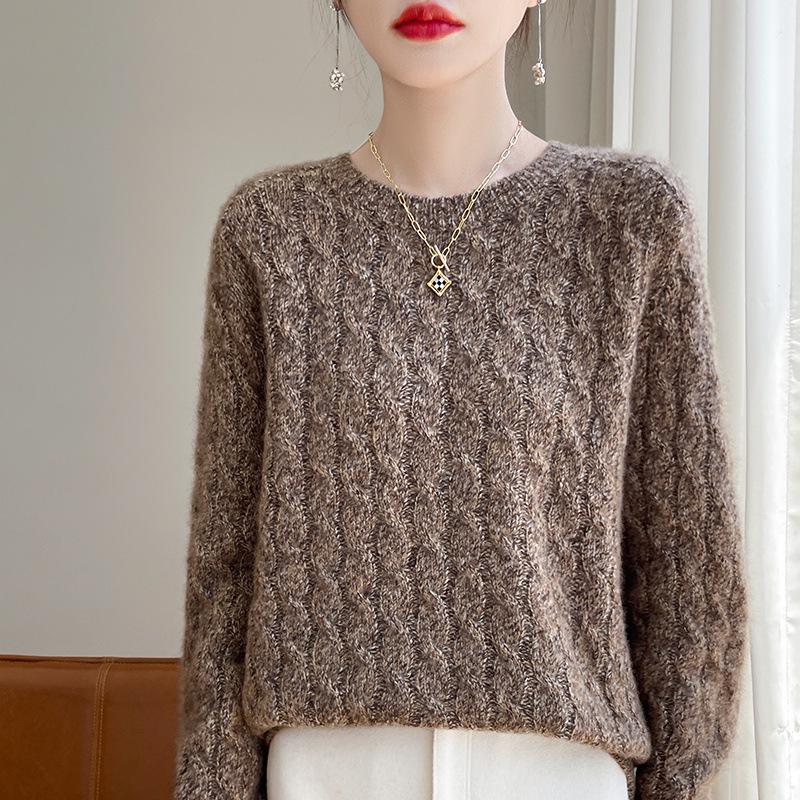 

Женский модный свитер из шелка тутового дерева и кашемира с кабельным узором на осень/зиму 2024 - Пуловер с круглым вырезом, универсальный и стильный One Size