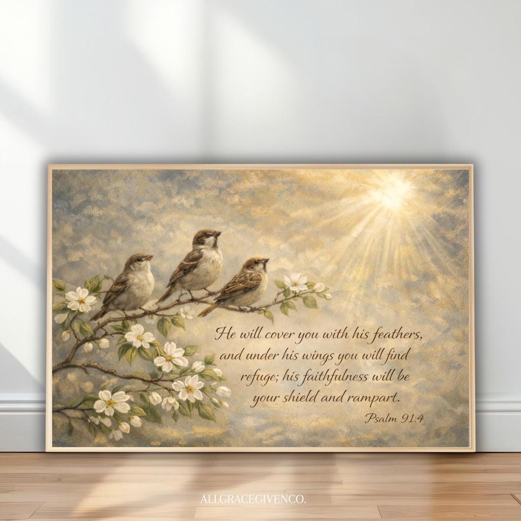 Salmo 91:4 Arte de Pared de Gorriones, Lienzo Rústico Cristiano, Él Te Cubrirá Con Sus Plumas Versículo, Decoración de Pared con Escrituras, Arte para Sala de Estar