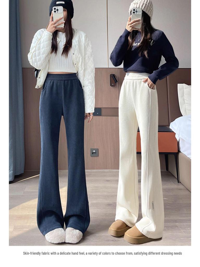 Women's High Waist Corduroy Chenille Flare Pants with Fleece Lining - Slimming and Wide Leg Trousers for Autumn/Winter 2025