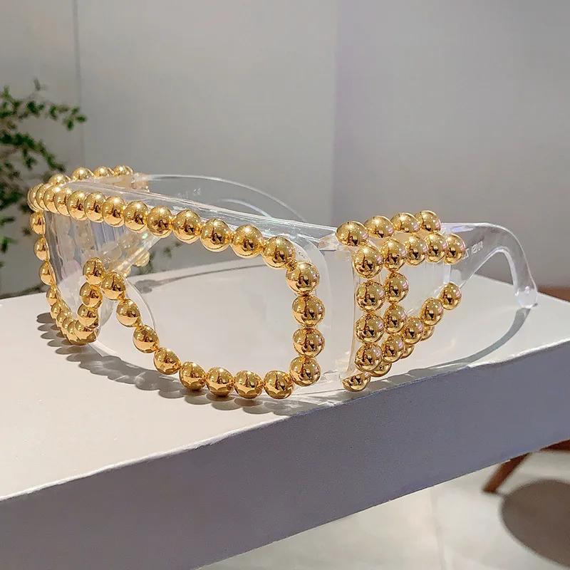 Vintage Brand Designer Oversized Square Pearl Sunglasses Women For Men Popular Luxury Sun Glasses Punk Big Frame Rimless Eyewear