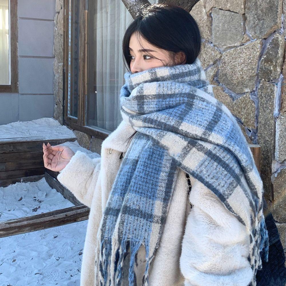 Mohair Winter Cashmere Scarves Plush Long Shawl Simple Plaid Wool Scarf Girl