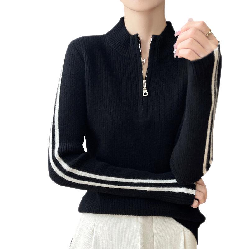 Women's Slimming Cashmere Pullover Sweater with Half-Zip Collar - Versatile Autumn/Winter Knitwear