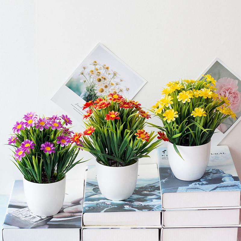 Plastic Daisy Round Bonsai Sunflower Pot Artificial Flowers With Vase Set Home Decor Wedding Decoration Potted Plants