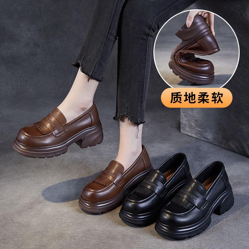 2025 new thick-soled heightened loafers women's high-heeled small leather shoes British versatile one-pedal thick-heeled soft-soled single shoes