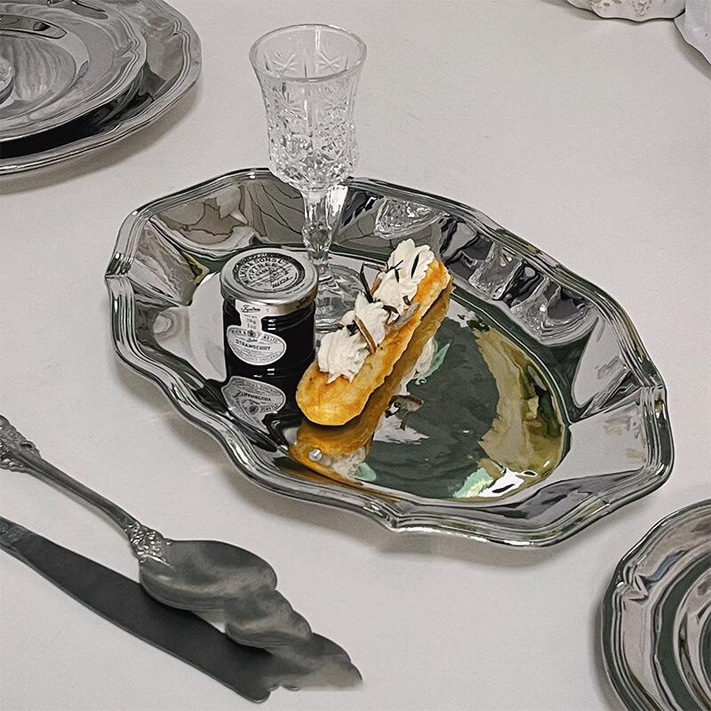 Vassoio Ovale in Acciaio Inossidabile Retrò Francese Piatto per Snack Dessert Frutta Piatto Ovale con Pizzo Retrò Contenitore per Gioielli, gioielli, Cosmetici