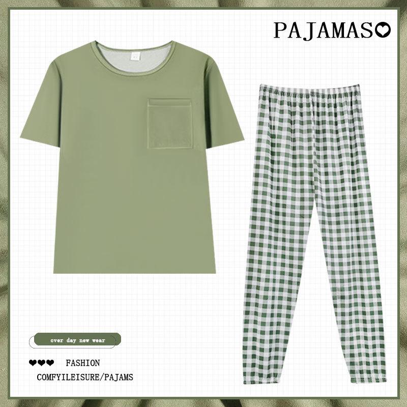 Spring and Autumn Pajamas Women's Short-sleeved Trousers Set Summer Loungewear Cotton Casual Style Simple Plaid Pants Can Be Worn Outside