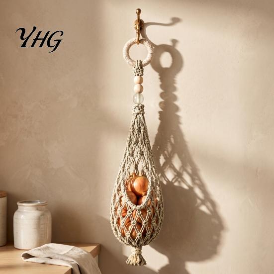Kitchen Countertop Space Saver Handwoven Cotton Rope Storage Mesh Bag, Wall-Mounted Bohemian Style Organizer, Hand Woven Produce Basket Breathable