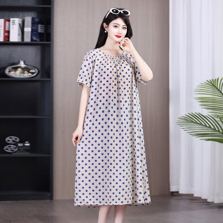 Summer 2026 Plus Size Cotton Silk Long Dress for Middle-Aged Women
