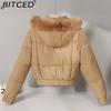BITCED Women's Short-Length Puffer Coat Winter Fleece-Lined Thickened Cotton Jacket with Large Fur Collar Bread-Style Outerwear