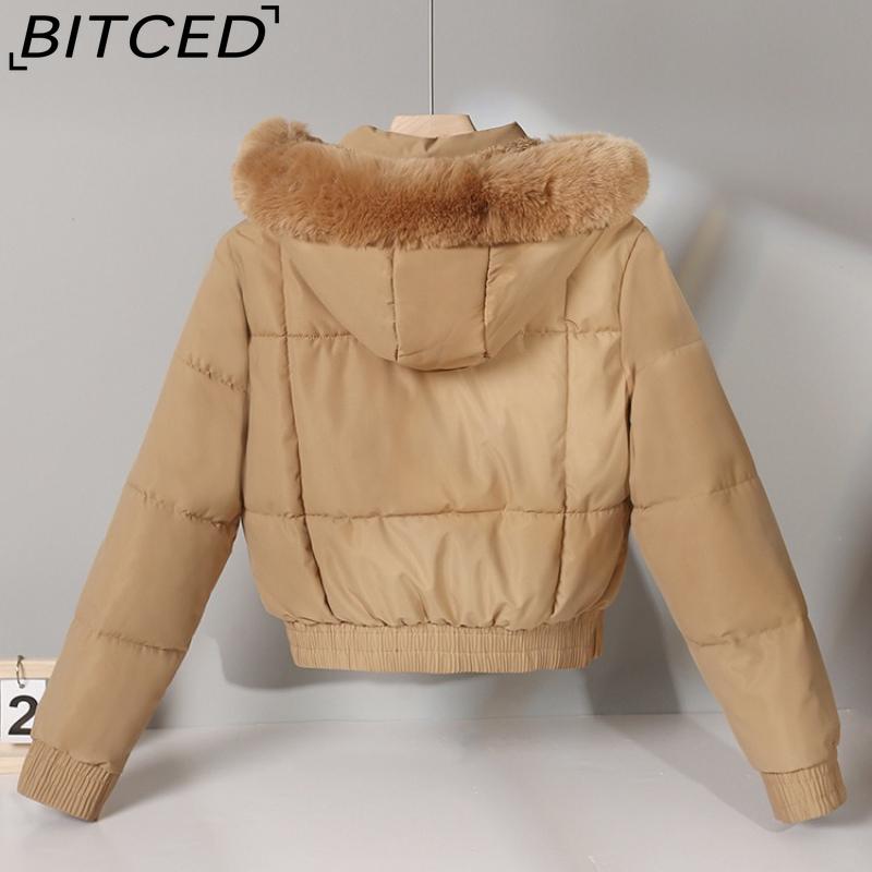 BITCED Women's Short-Length Puffer Coat Winter Fleece-Lined Thickened Cotton Jacket with Large Fur Collar Bread-Style Outerwear