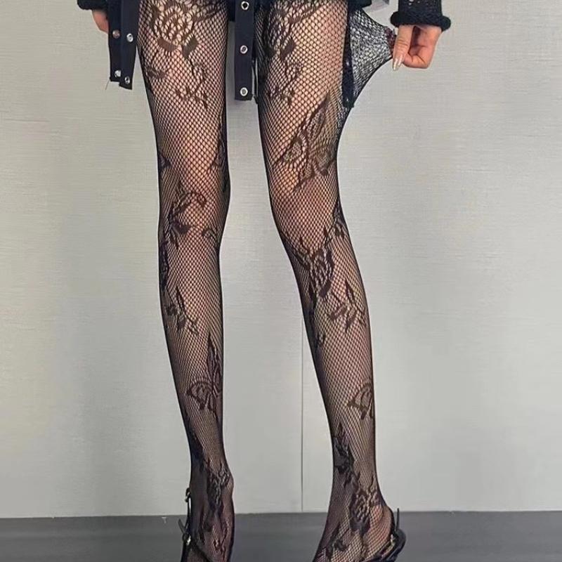 

Women Sexy Fishnet Stockings with Butterfly Flower Patterns Costumes Uniform Maillard Color Scheme New Style Hollow Mesh Tights One Size чорний