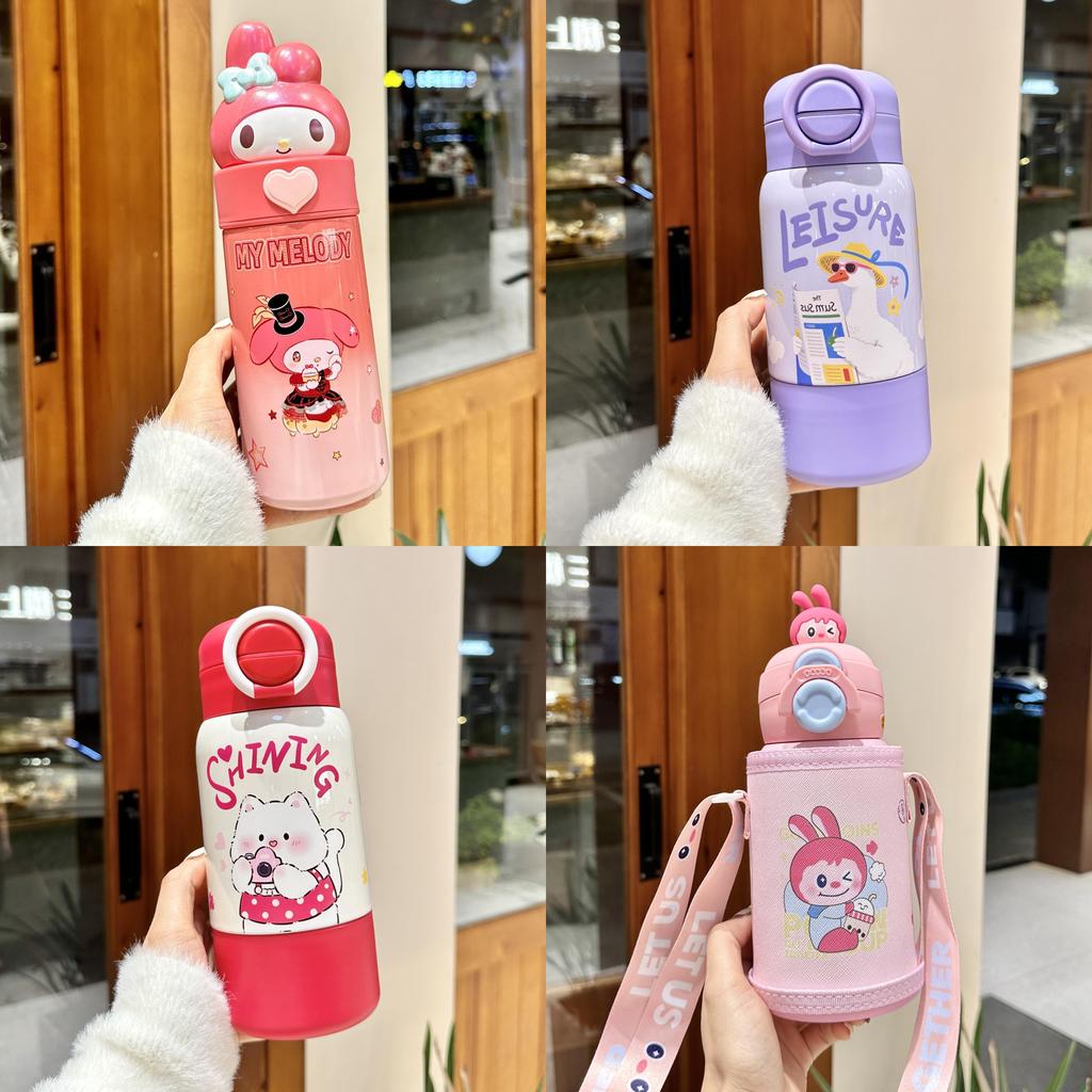 Capybara Kinder Thermosflasche mit Strohhalm und Trageseil für Schule und Reisen