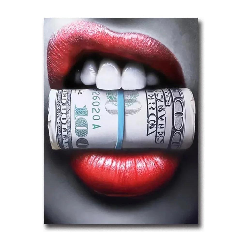 Sexy Woman Red Lips Money Rose Wall Art Posters Modern Home Living Room Bedroom Decorative Canvas Painting Picture Print Artwork