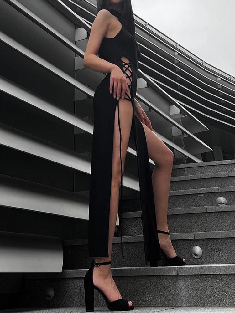 Goth Dark Cosplay High Split Sexy Bandage Women Dresses Gothic Halter Slim Midi Dress Black Grunge Style Alt Partywear