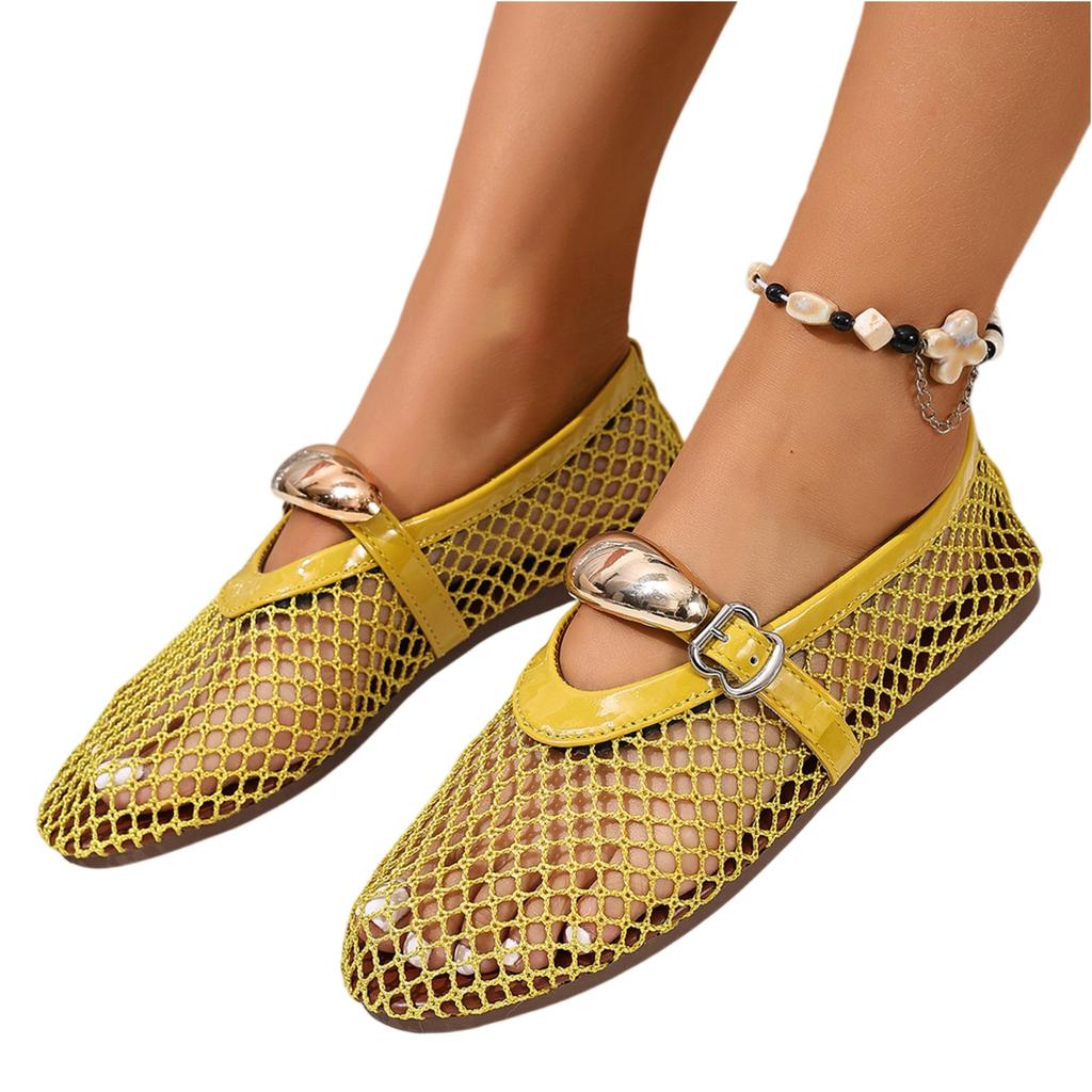 Women's Summer Ballet Flat Sandals Hollow Mesh Breathable Slip On Buckle Closure Comfortable Casual Shoes