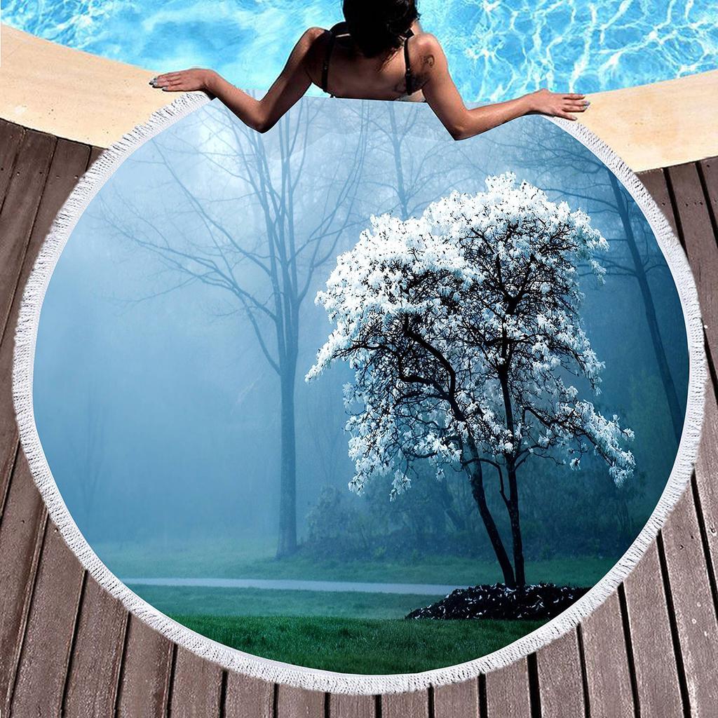 Big Tree Print Round Beach Towels, Polyester Sand Resistant Shawl Beach Blanket,Soft Absorbent Quick Dry Pool Towel Picnic Mat