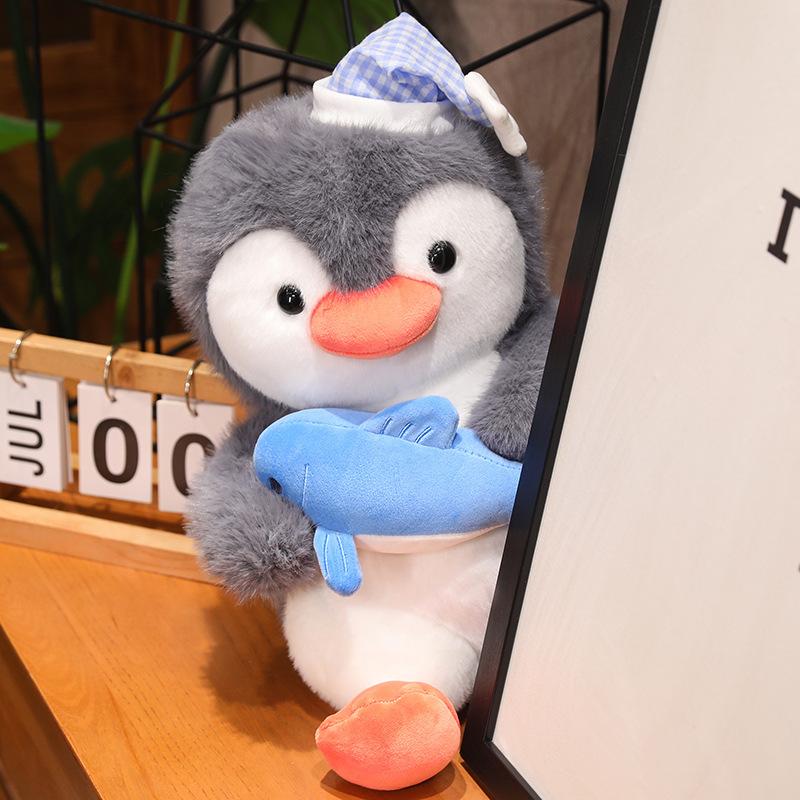 Wearing a Hat and Holding Fish, Penguin Plush Toy Fish, You Are Together Qixi Festival Confession Doll Valentine's Day Gift, Car Throw Pillow