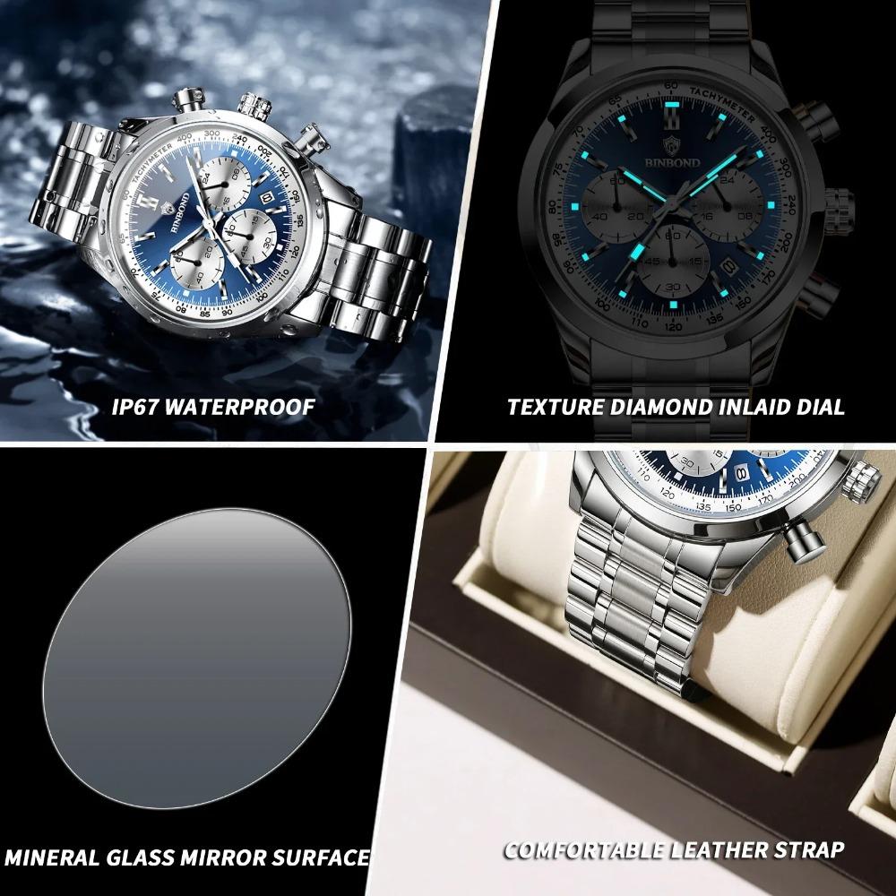 BINBOND Top Brand Luxury Man Watches Waterproof Luminous Date Chronograph Men's Quartz Watch Stainless Steel Sports Watch