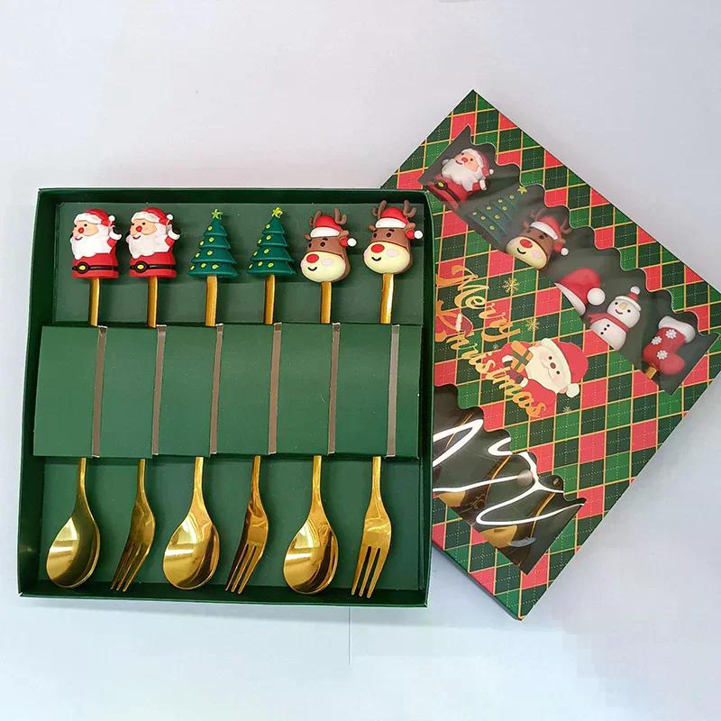 1/2/4/6PCS Stainless Steel Spoon Christmas Dessert Spoon Cake Fork Cartoon Christmas Tree Elk Spoon Fork Christmas Gift Box