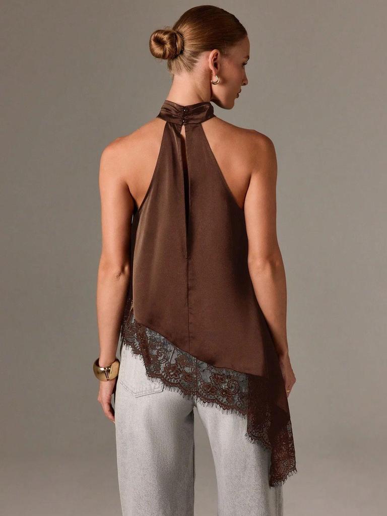 2025 Women's Satin Halter Neck Sleeveless Asymmetrical Camisole with Lace Trim