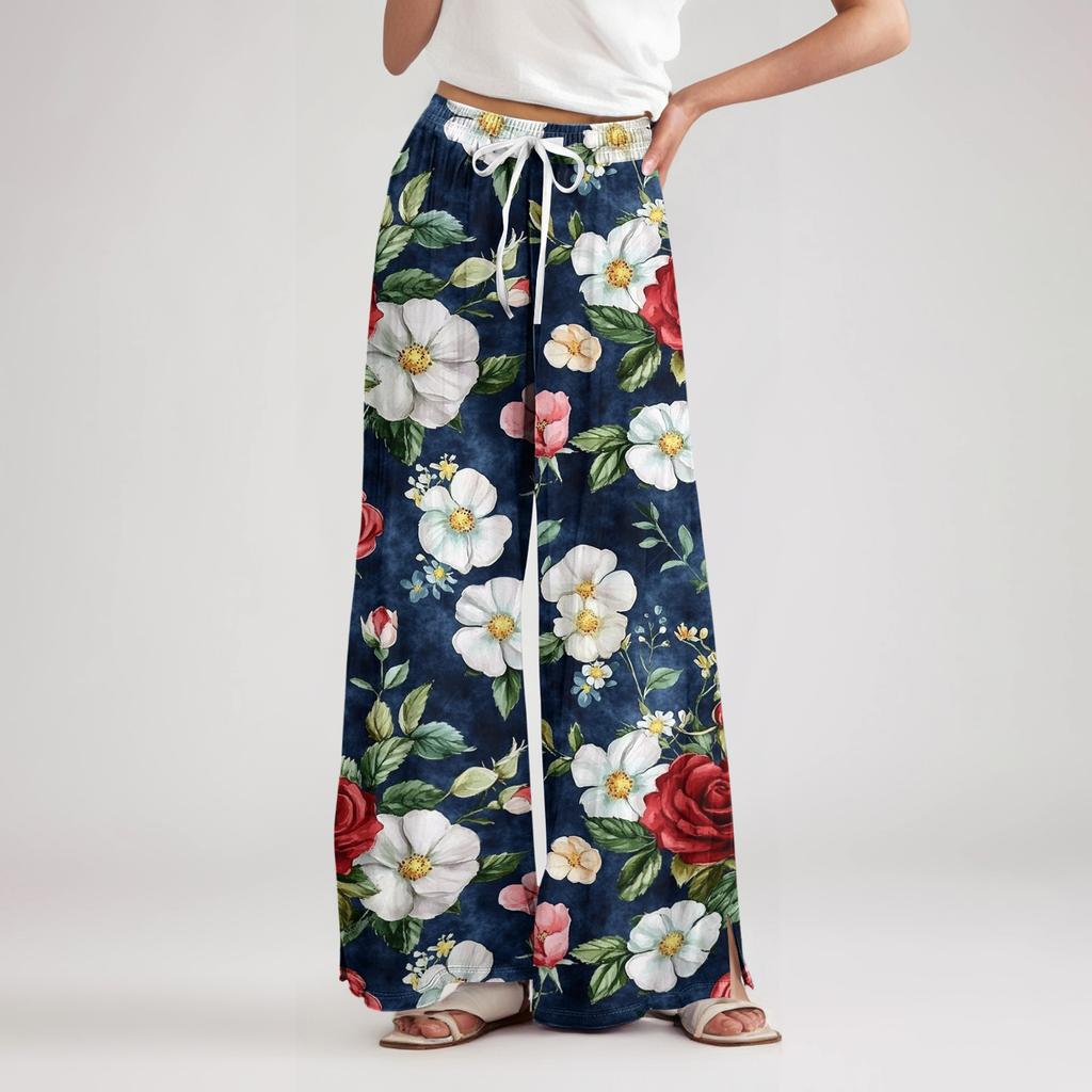 Wide Leg High Waist Floral Print Pants for Women with Drawstring Waistband and Relaxed Fit Lightweight Material for Casual Wear