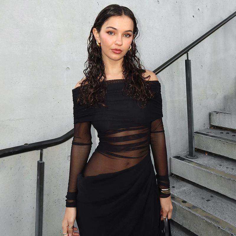 2025 Spring/Summer Women's One-Shoulder Mesh Patchwork Bodycon Dress