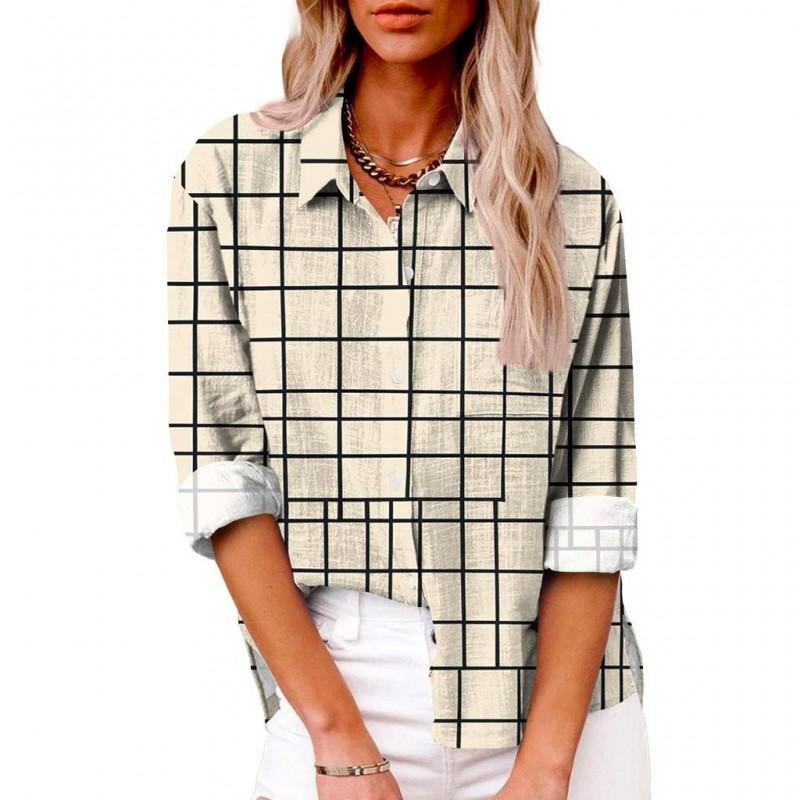 Womens Relaxed Fit Long Sleeve Shirt With 3D Digital Print Plaid Casual Cotton Linen Blouse