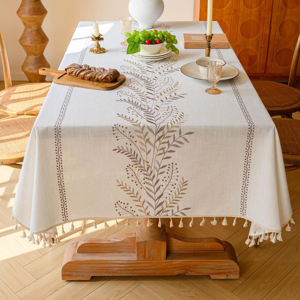 Embroidered Household Wear-Resistant Dining Table Cloth, Plant Flower Small Fresh Decorative Rectangular Dining Table Cloth