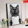 5D Pearl Painting Kit Framed with Funny Black Cat Toilet Paper Design Sparkling Bead Art Canvas DIY Relaxing Craft for Wall Decor Gift