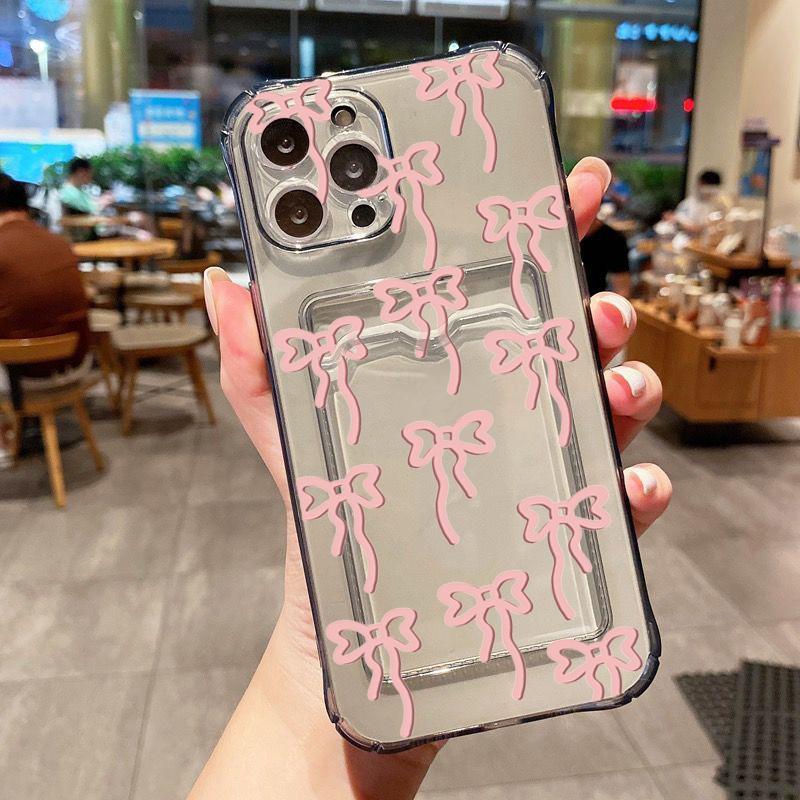 Transparent Card Slot Bag Holder Wallet Case For iPhone 16 15 14 Pro Max 13 12 11 XS X XR 7 8 Plus SE 2022 With Bow Print Cover